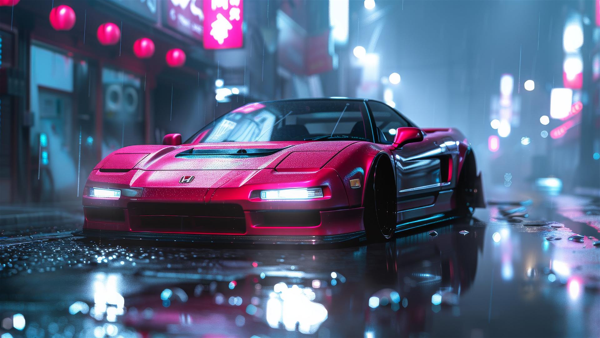 Close-up of a Honda NSX in dim, foggy, gothic gloomy lighting