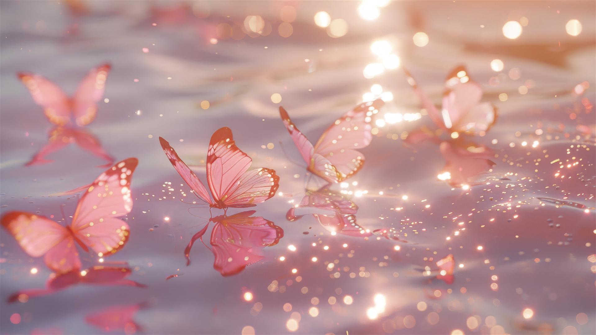 Image of sparkles on the sea with pink gold butterflies in a whimsical, dreamlike style, with light gold and pink colors.