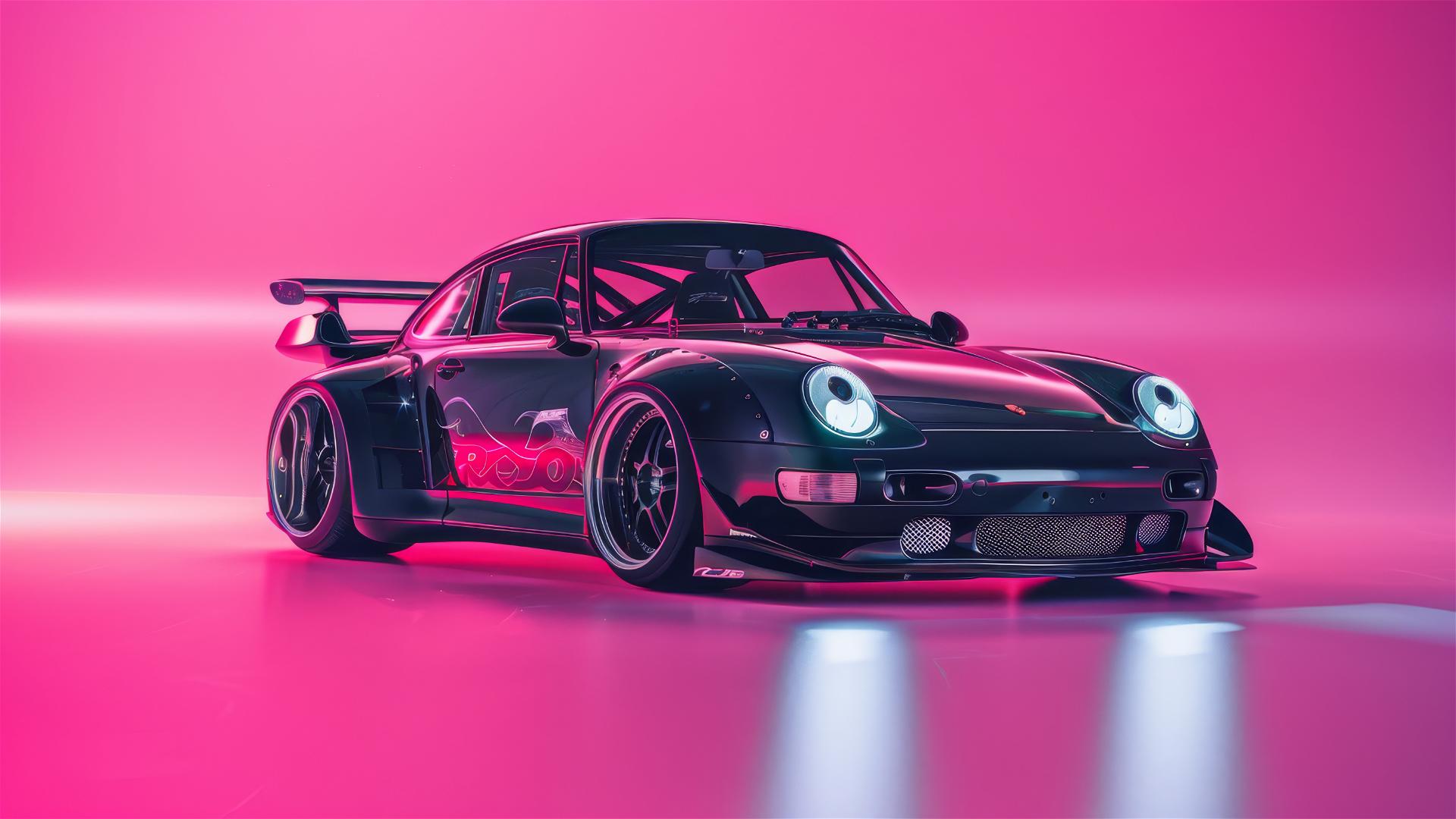 Black Porsche 993 Turbo with RWB widebody kit on a pink futuristic background