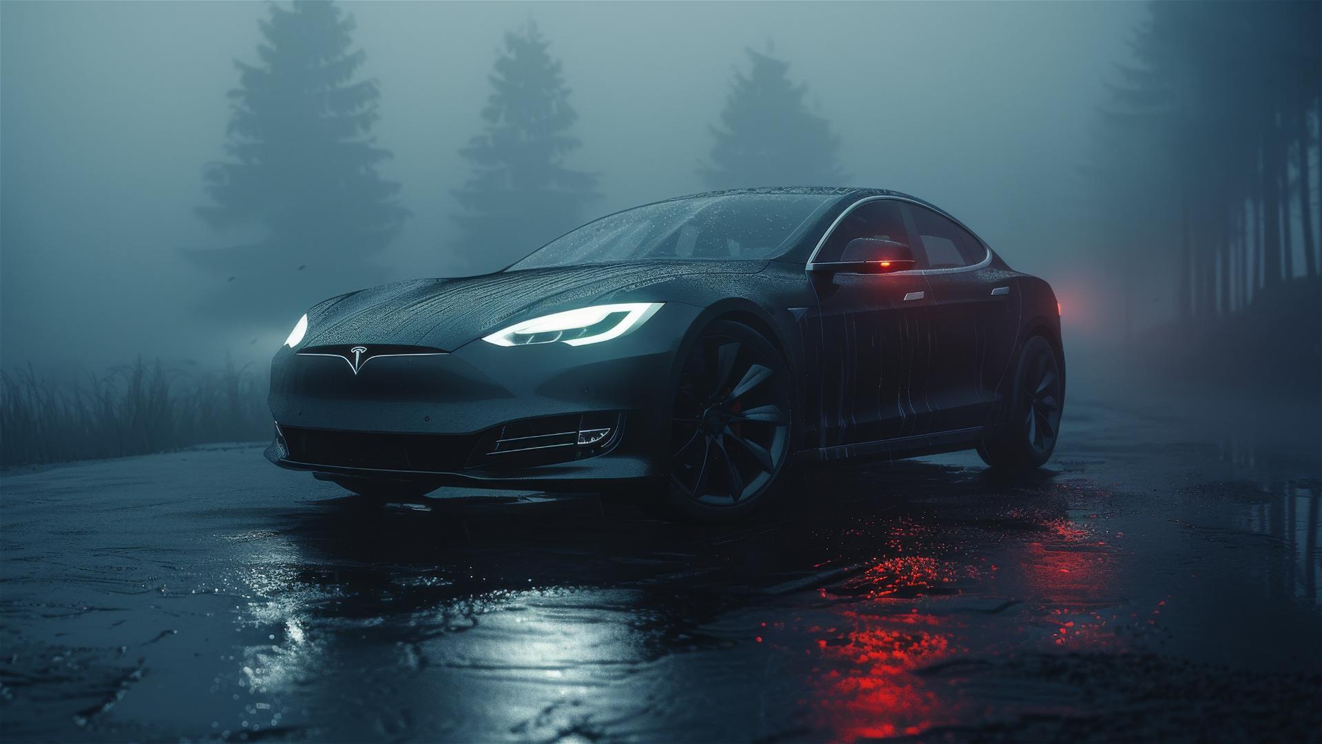 A photorealistic closeup view of a Tesla Model S in gothic gloomy, dim lit settings with foggy ambiance