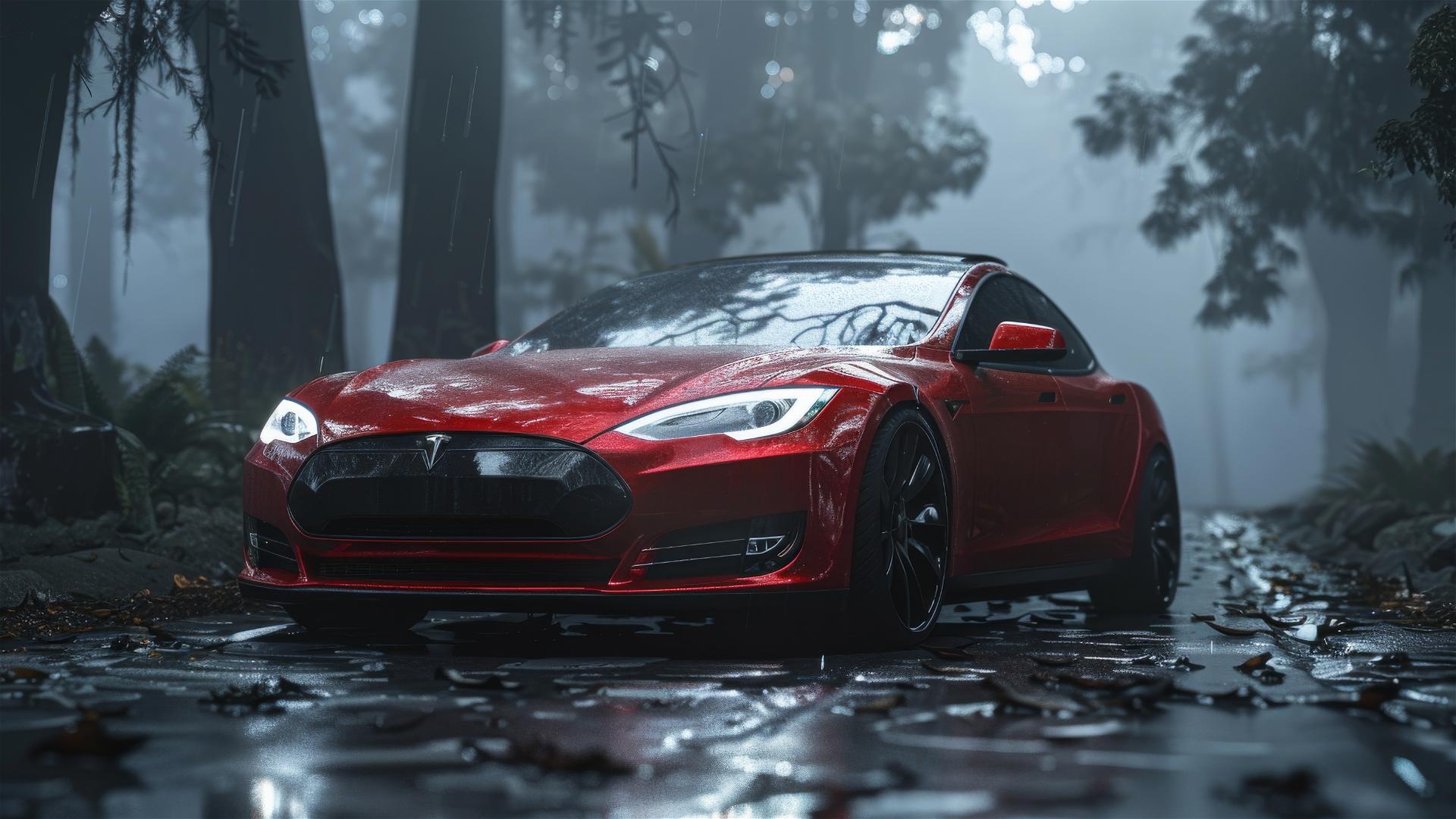 Close-up of a Tesla Model S in dim, foggy, and gloomy Gothic setting, photorealistic view