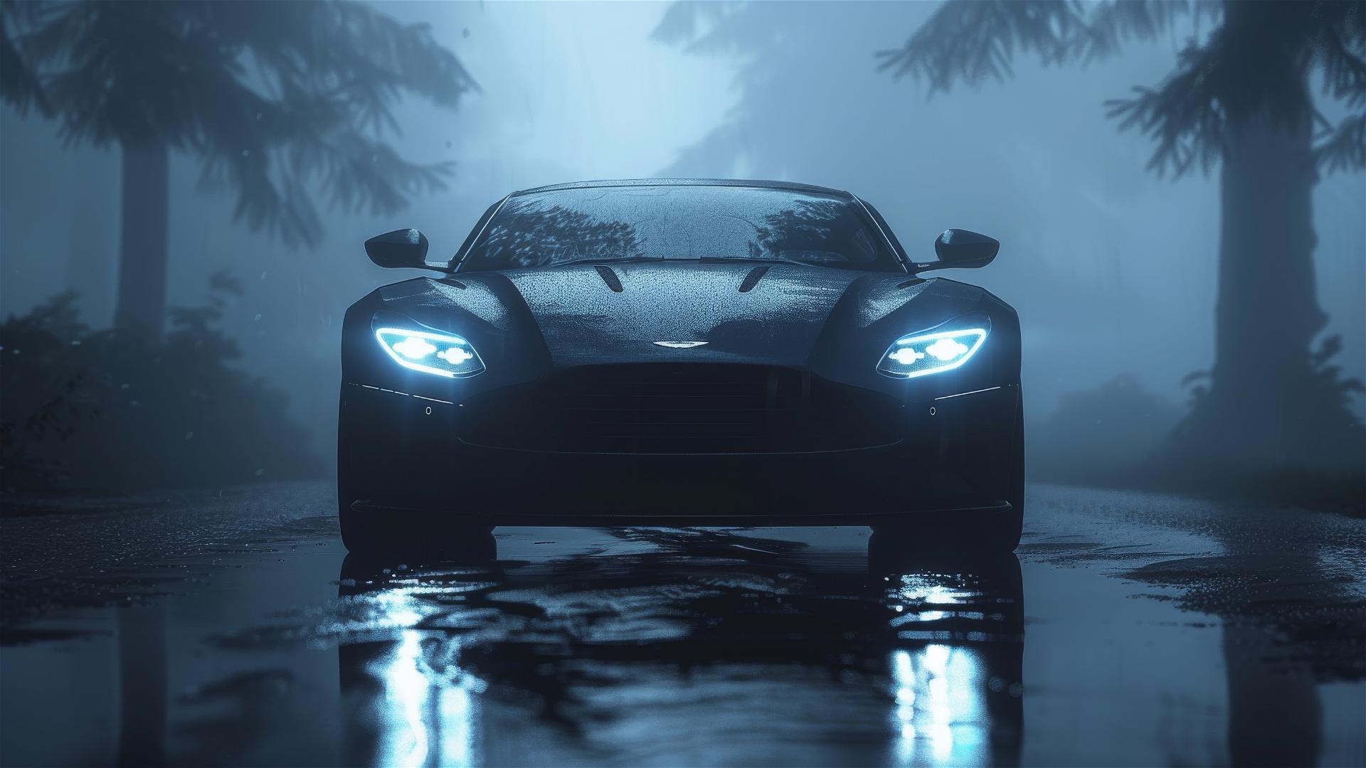 aston martin db11, Dim_Lighting, Gothic gloomy, 8k smooth, closeup view, foggy, Photorealistic
