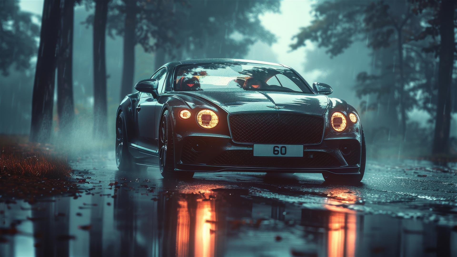 Closeup of Bentley Continental GT in dim, foggy, gothic setting