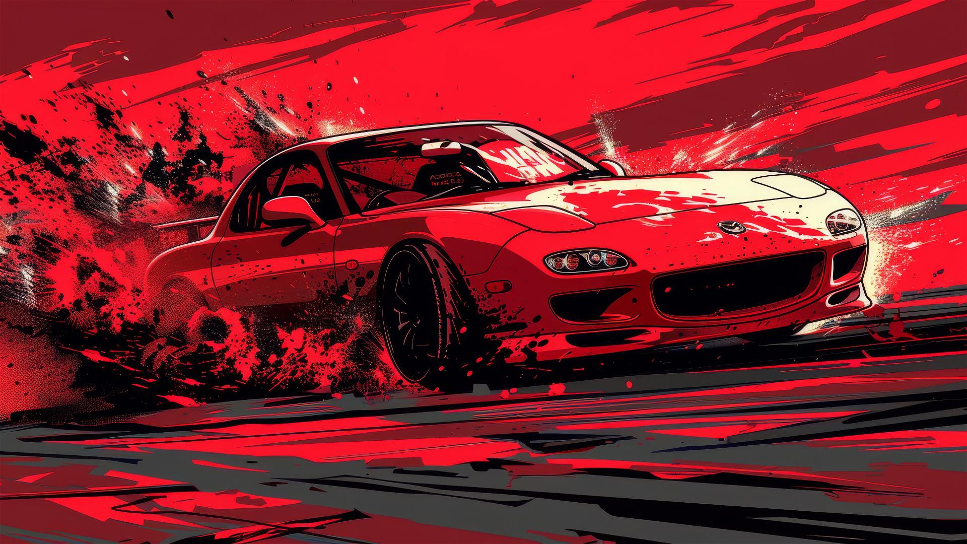 Mazda FD drift scene in manga style with red color palette
