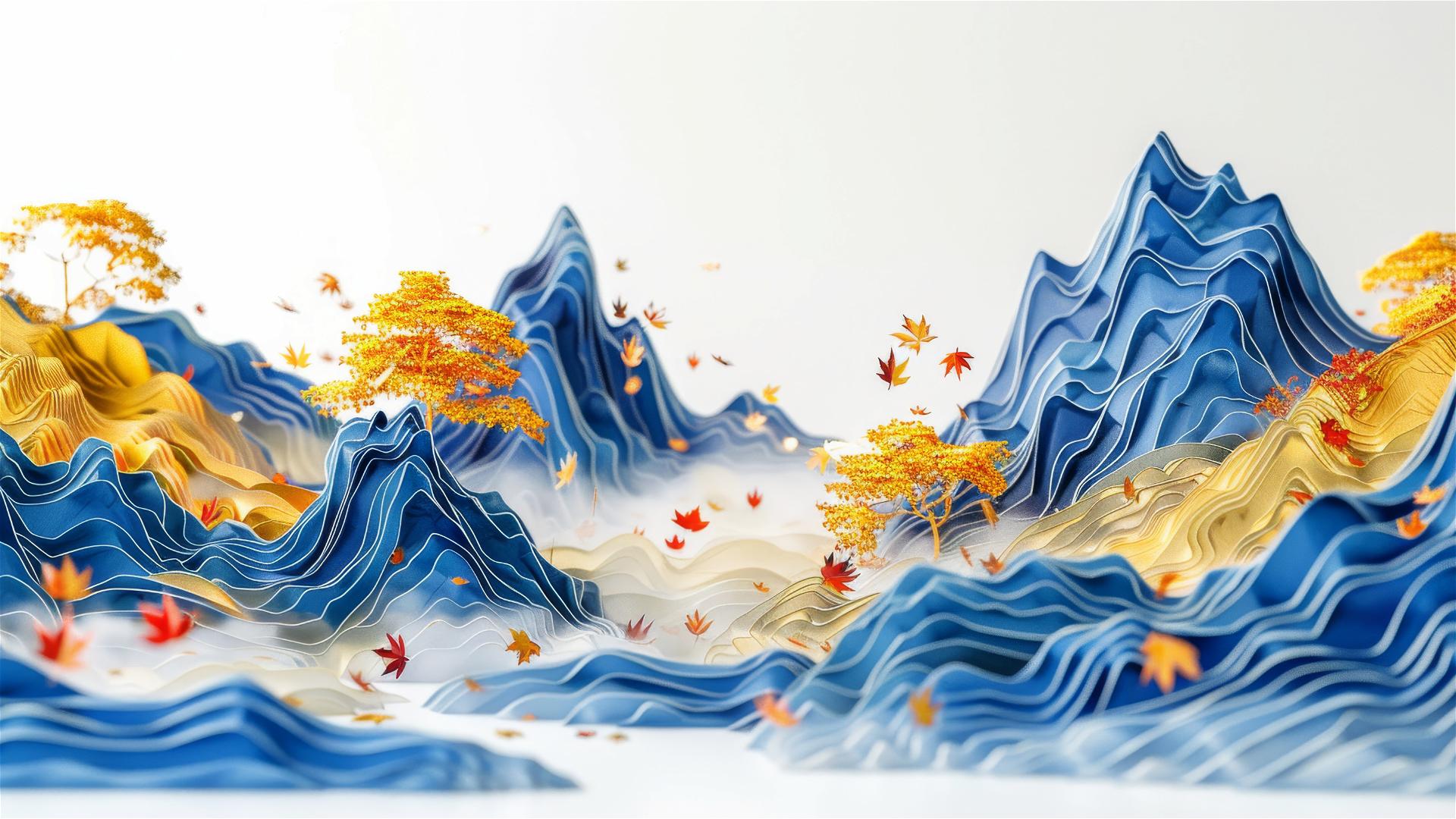 3D Asian painting of golden mountains and maple trees in autumn