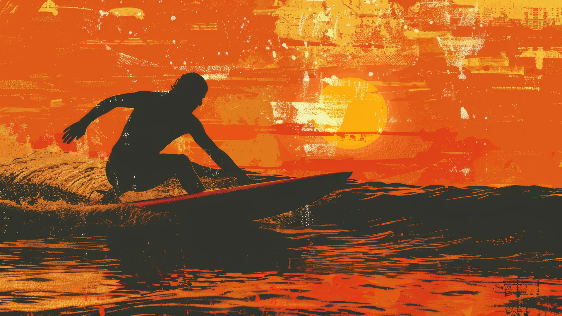 Surfer paddling on a surfboard silhouette in the sea