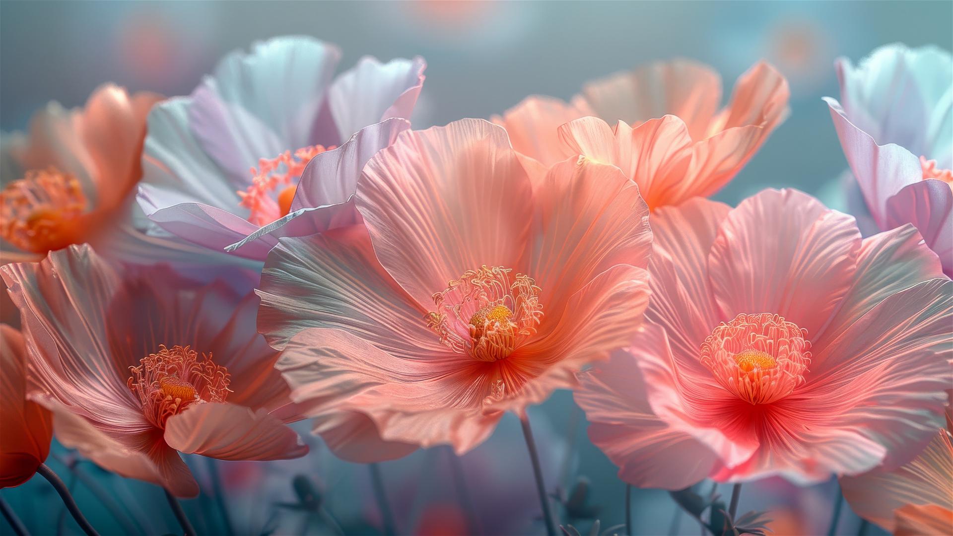 Closeup of pastel flowers with long silk-like petals on a soft colored background.