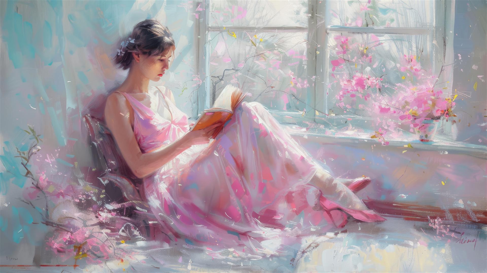 Woman in pink dress reading by window with floral composition