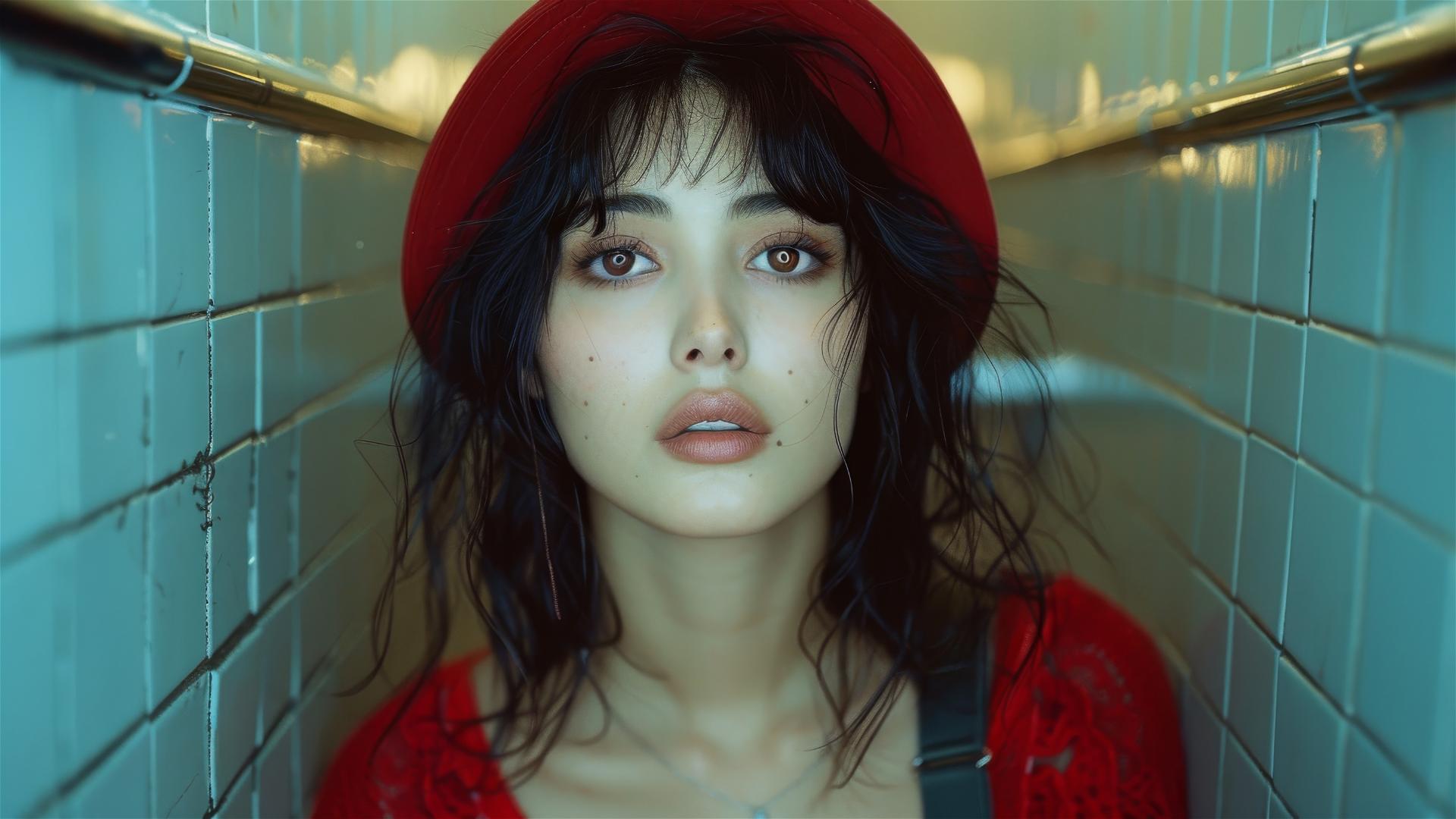 Young woman posing in subway as high fashion model