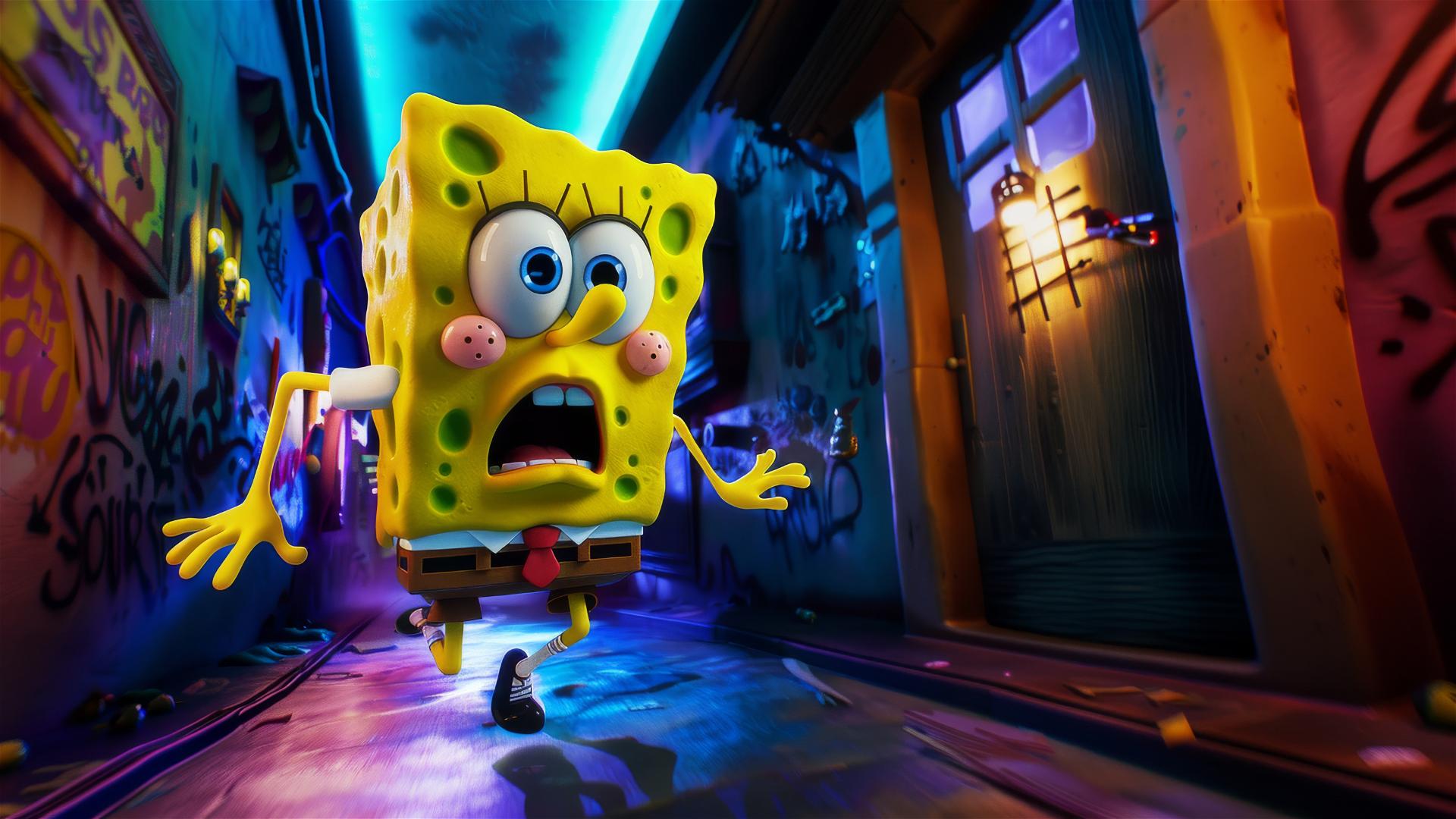 SpongeBob running out of a night club looking terrified