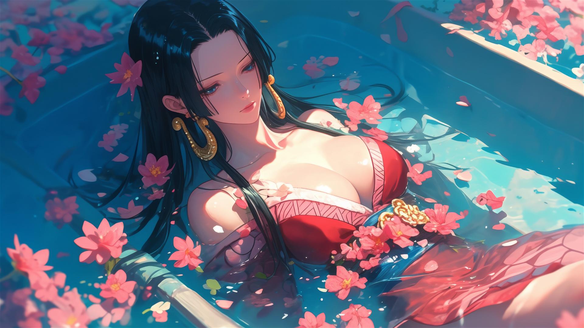 Boa Hancock from One Piece in a tub full of flowers in a Chinese spa