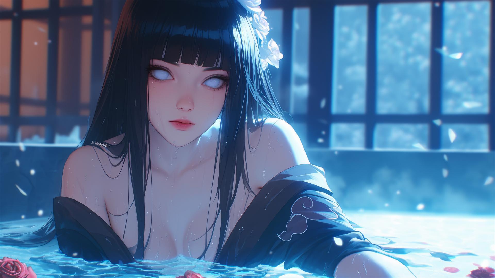 Hinata Hyuga in a flower-filled tub at a Chinese spa with white eyes