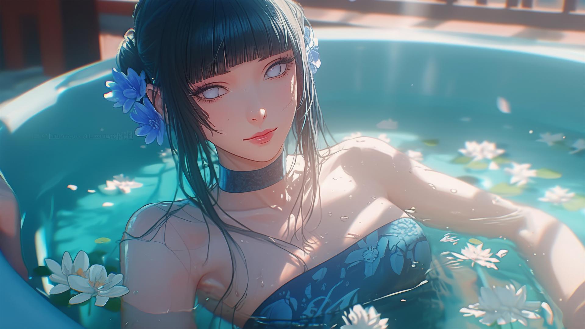 Hinata Hyuga from Naruto in a flower-filled tub at a Chinese spa with white eyes.