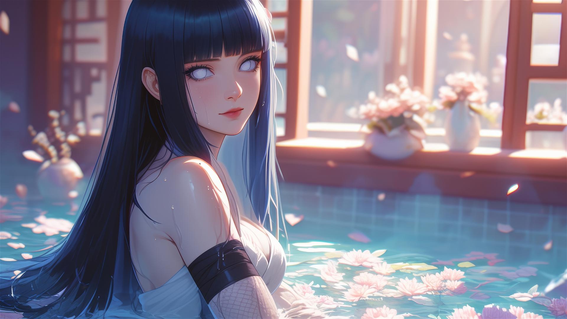 Hinata Hyuga from Naruto in a tub of flowers, in a Chinese spa with white eyes