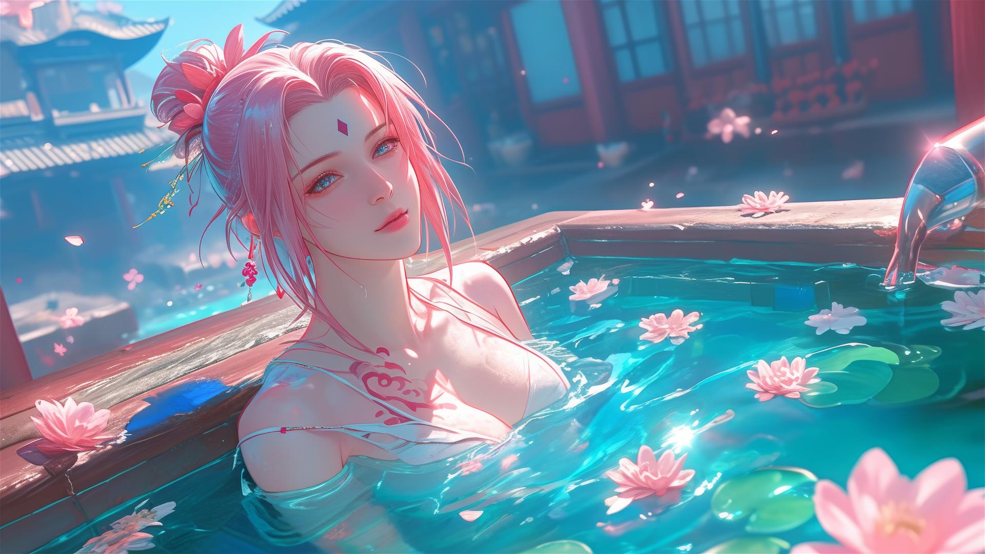 Sakura Haruno from Naruto in a flower-filled tub at a Chinese spa