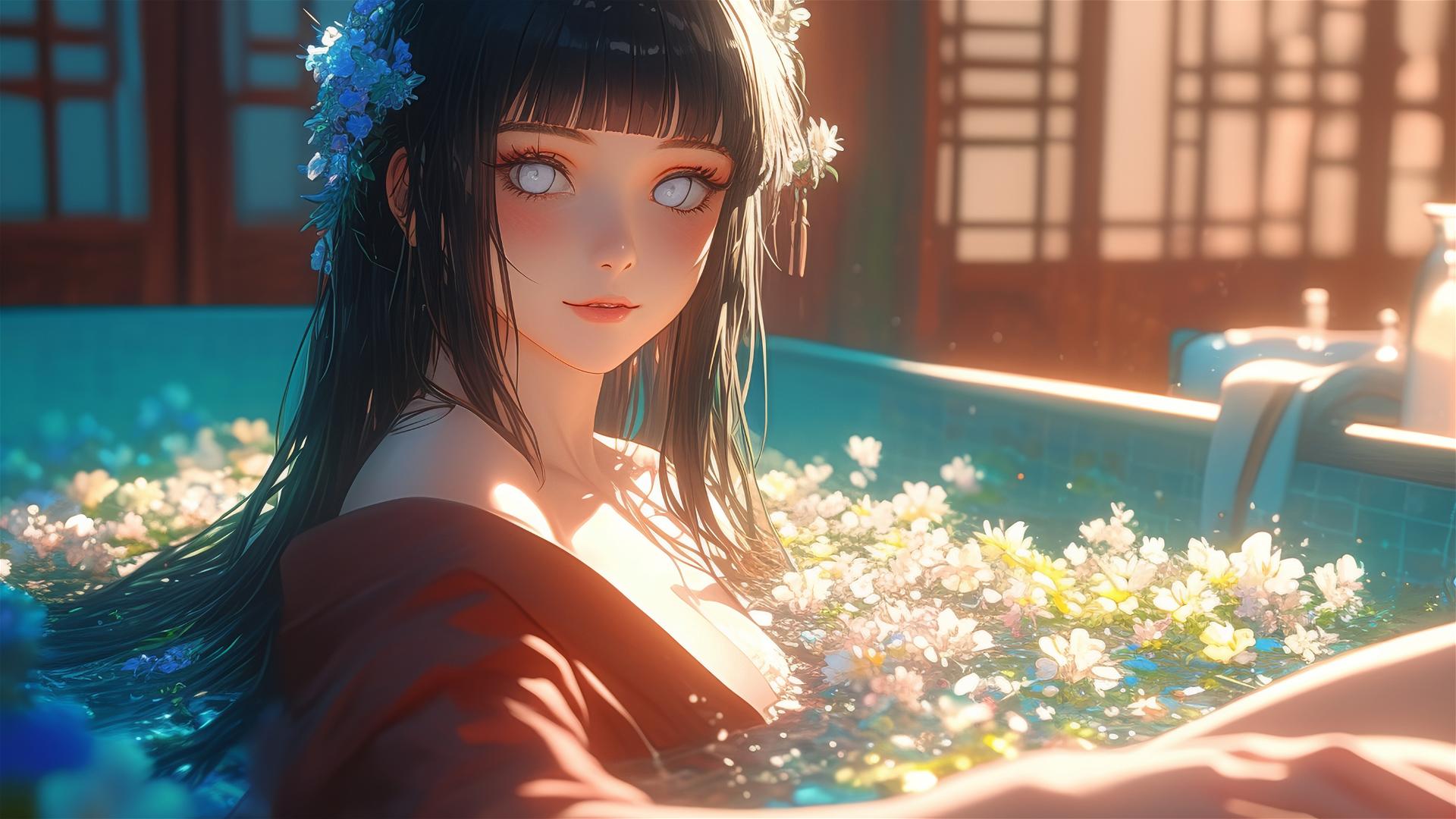 Hinata Hyuga from Naruto in a tub of flowers at a Chinese spa