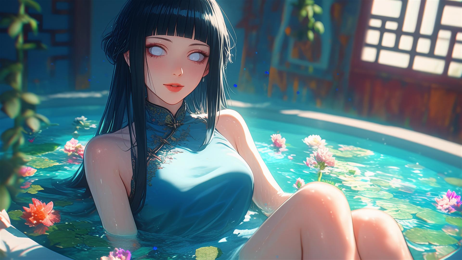 Hinata Hyuga in tub with flowers at Chinese spa, white eyes