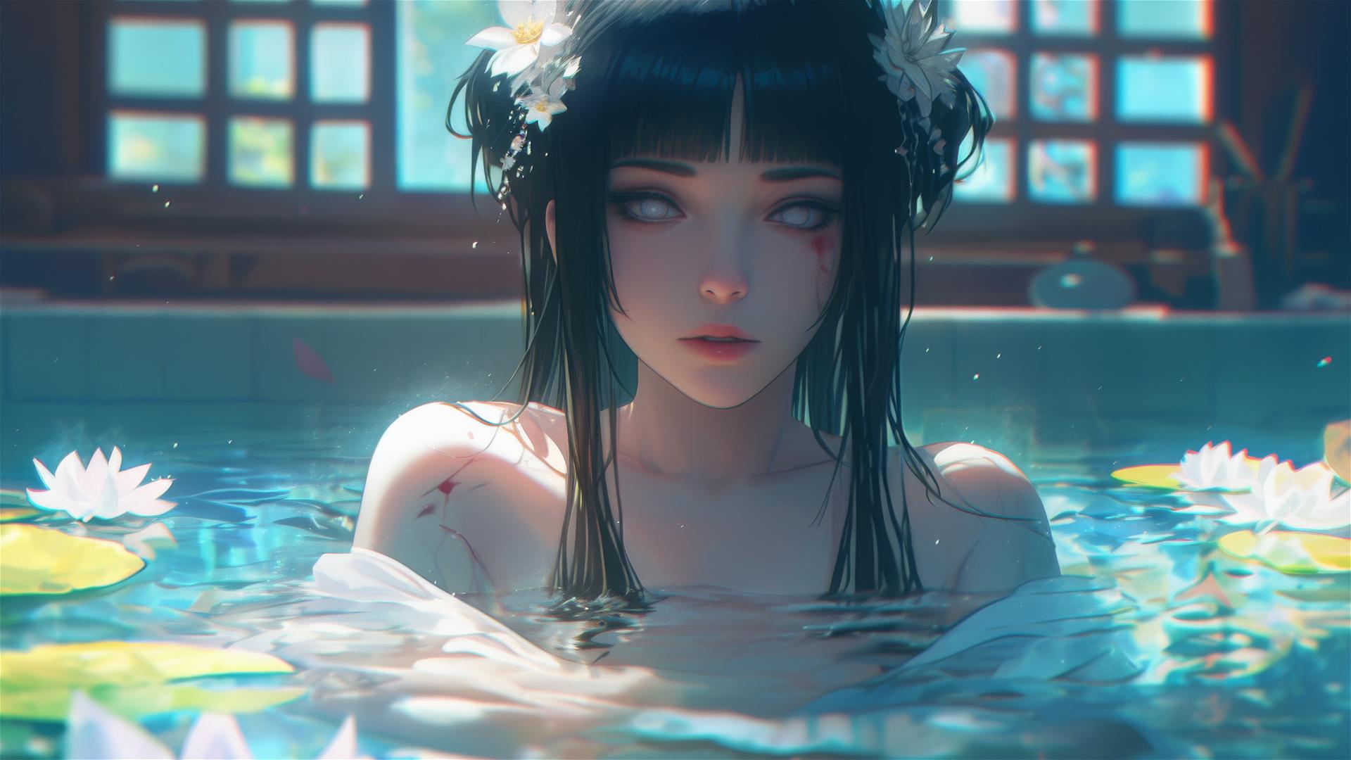 Hinata Hyuga in flower-filled tub, Chinese spa, white eyes