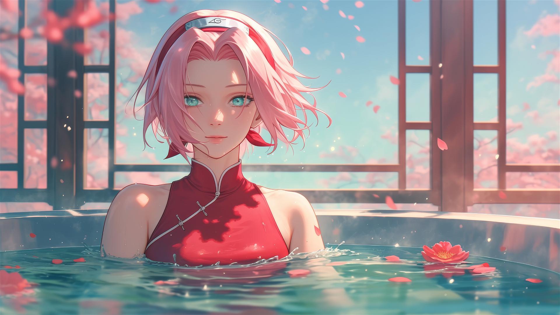 Sakura Haruno from Naruto in flower-filled tub at Chinese spa.