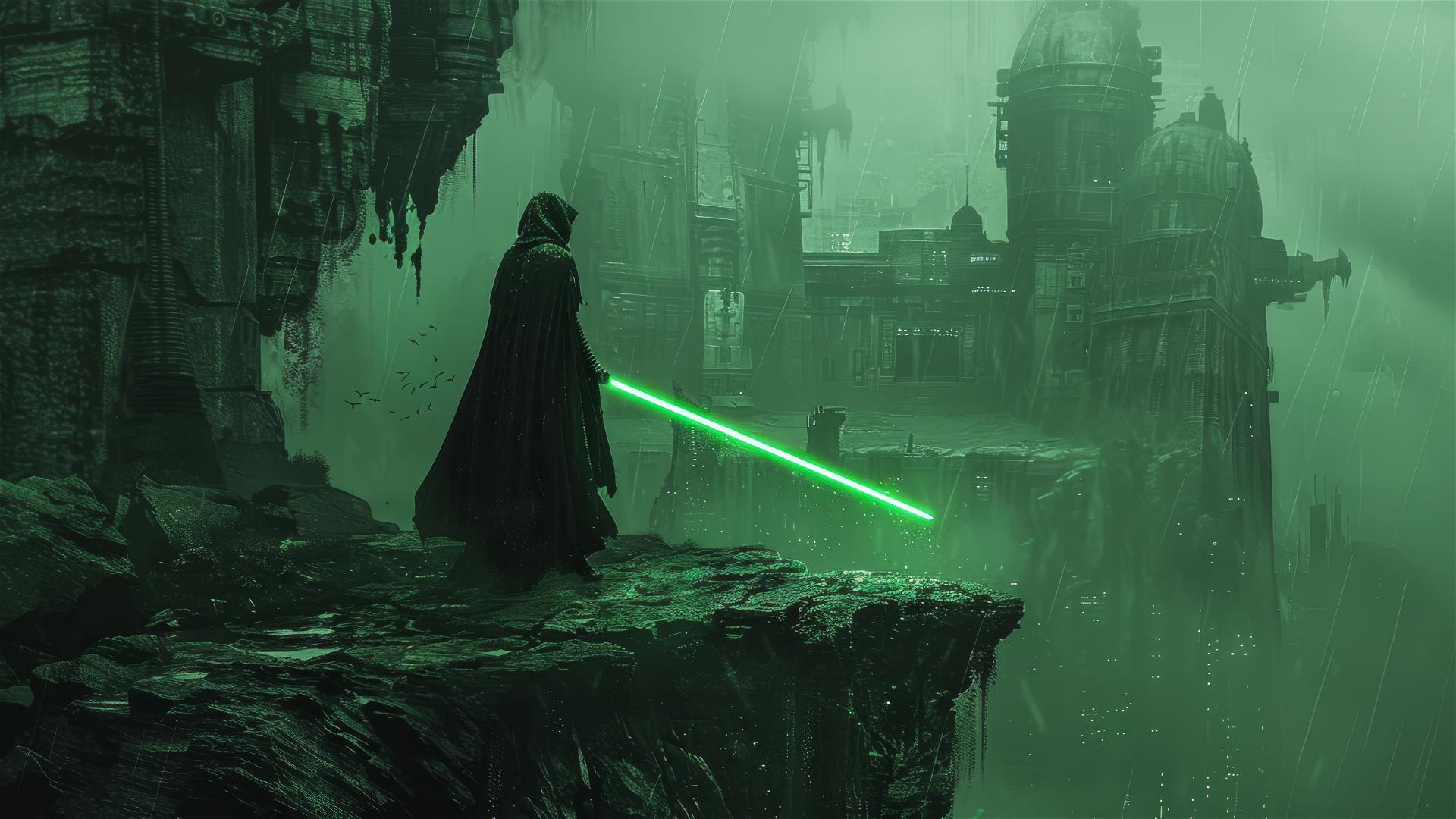 Jedi standing in rain on cliffside with green lightsaber overlooking looming temple at night
