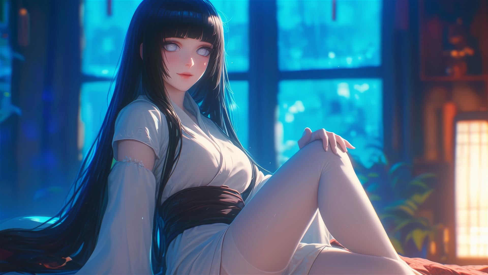 Hinata Hyuga sitting at a modern hotel with warm light glowing on her figure