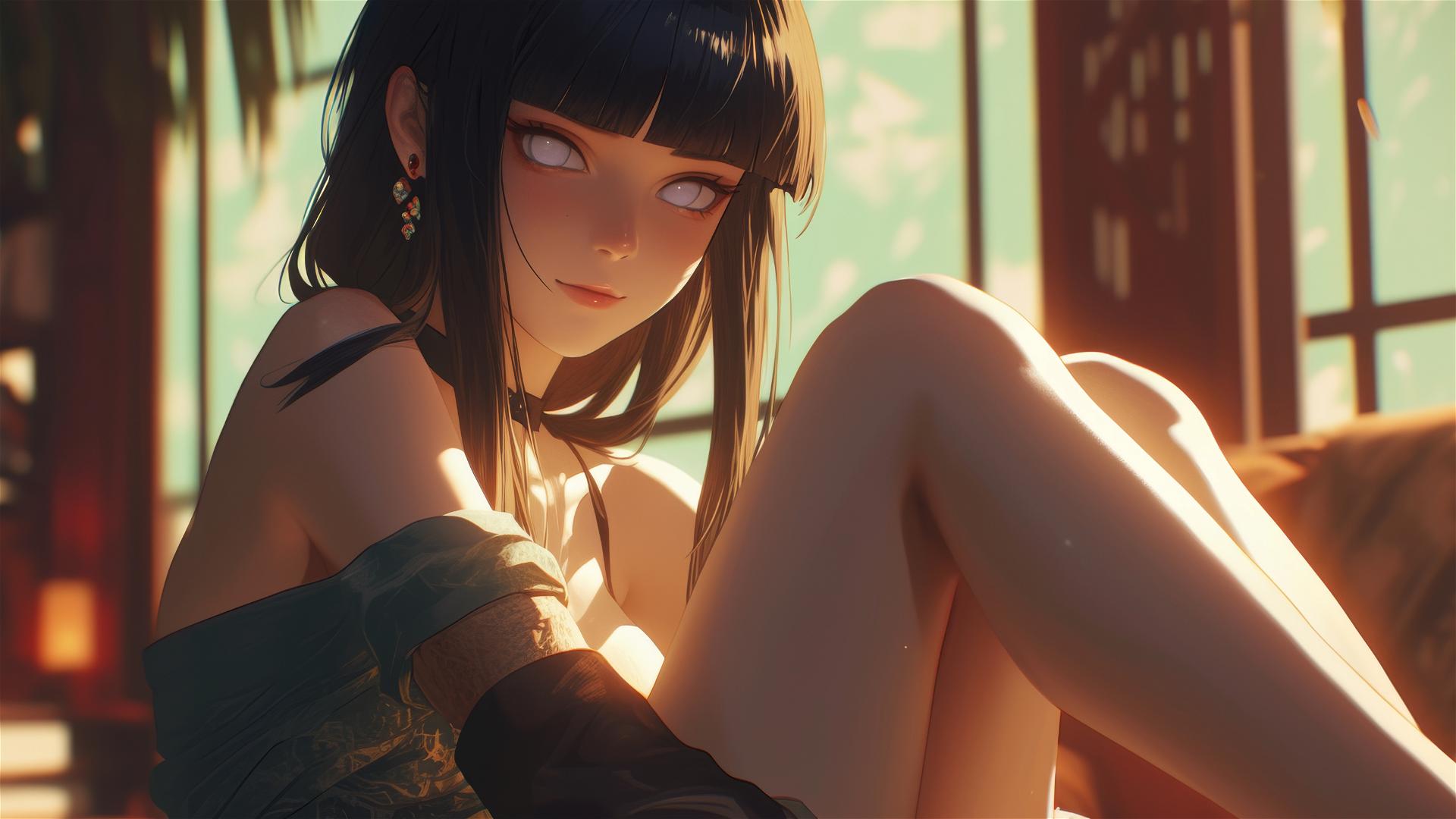 Hinata Hyuga sitting in a modern hotel with warm lighting