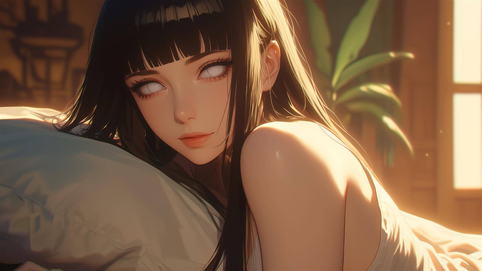 Hinata Hyuga relaxing in a modern hotel, warm light enhancing glow