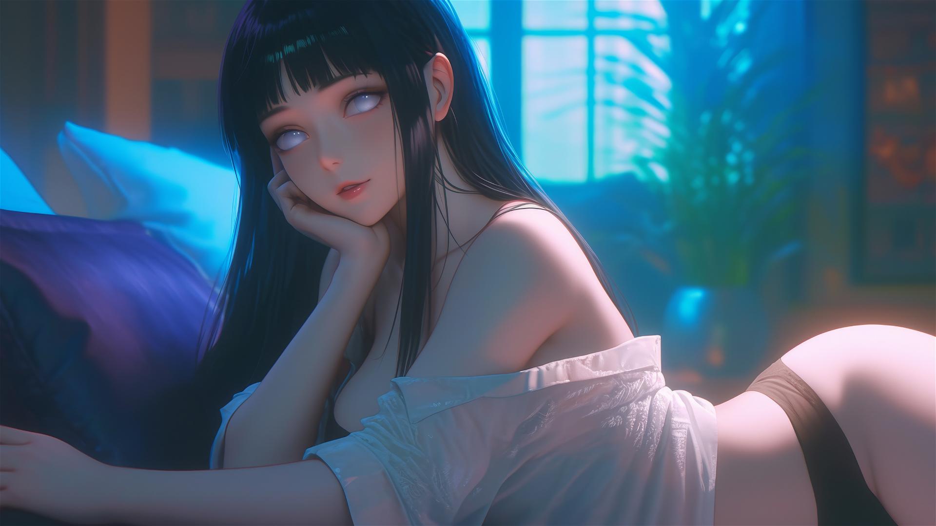 Hinata Hyuga resting at a modern hotel with warm light and white eyes