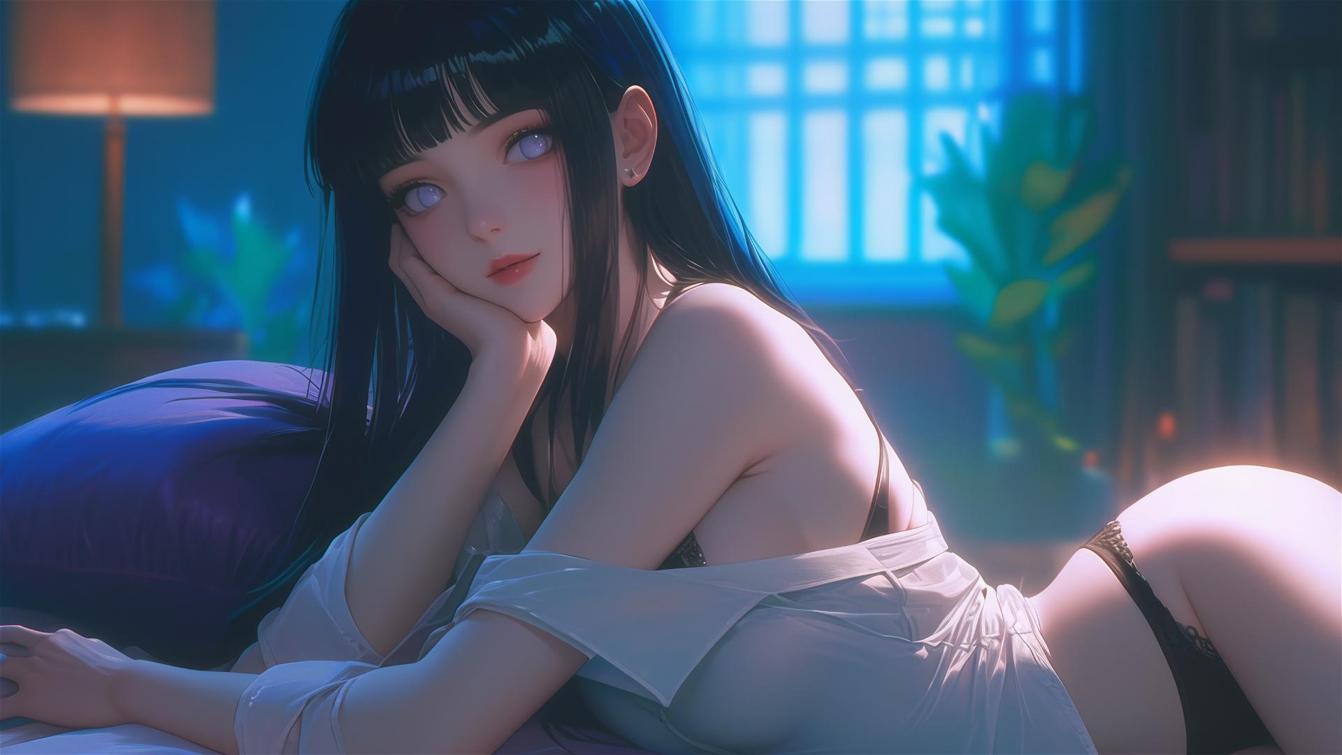 Hinata Hyuga resting in a modern hotel with warm light and white eyes.