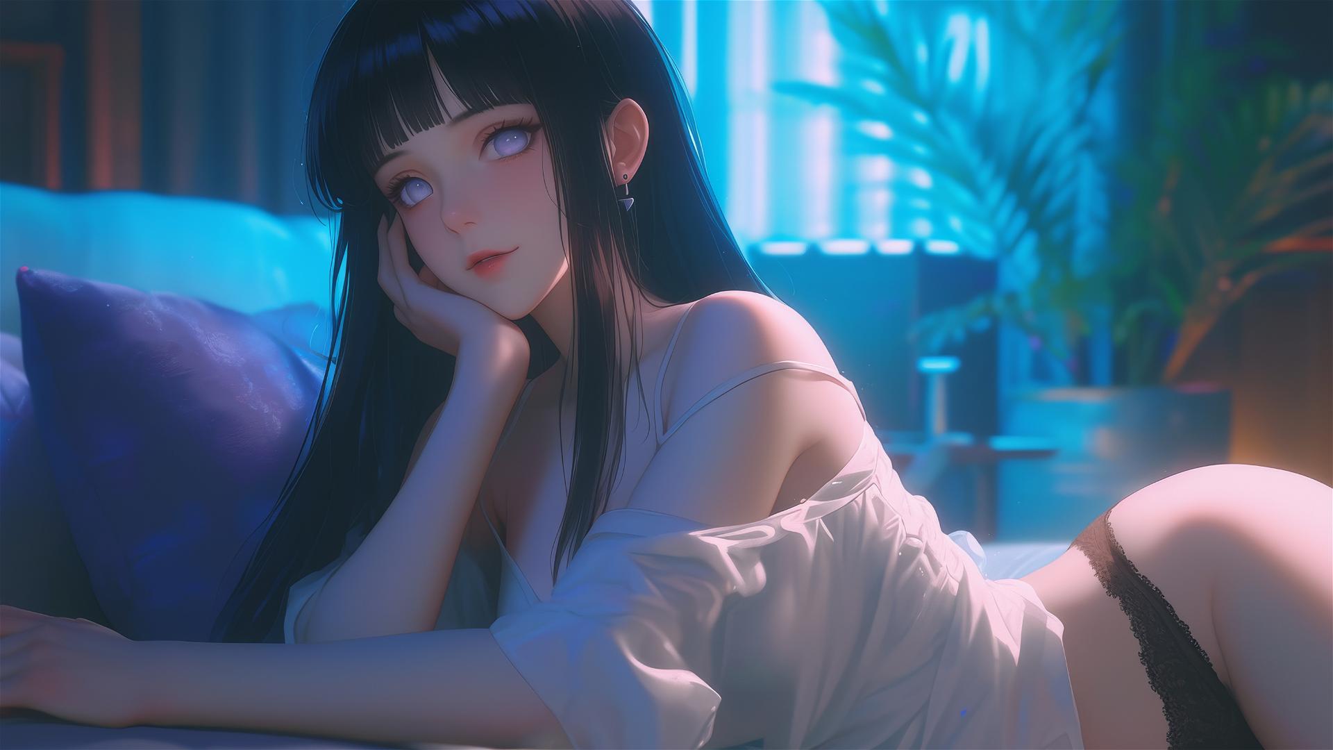 Hinata Hyuga from Naruto rests in a modern hotel with warm light and white eyes.