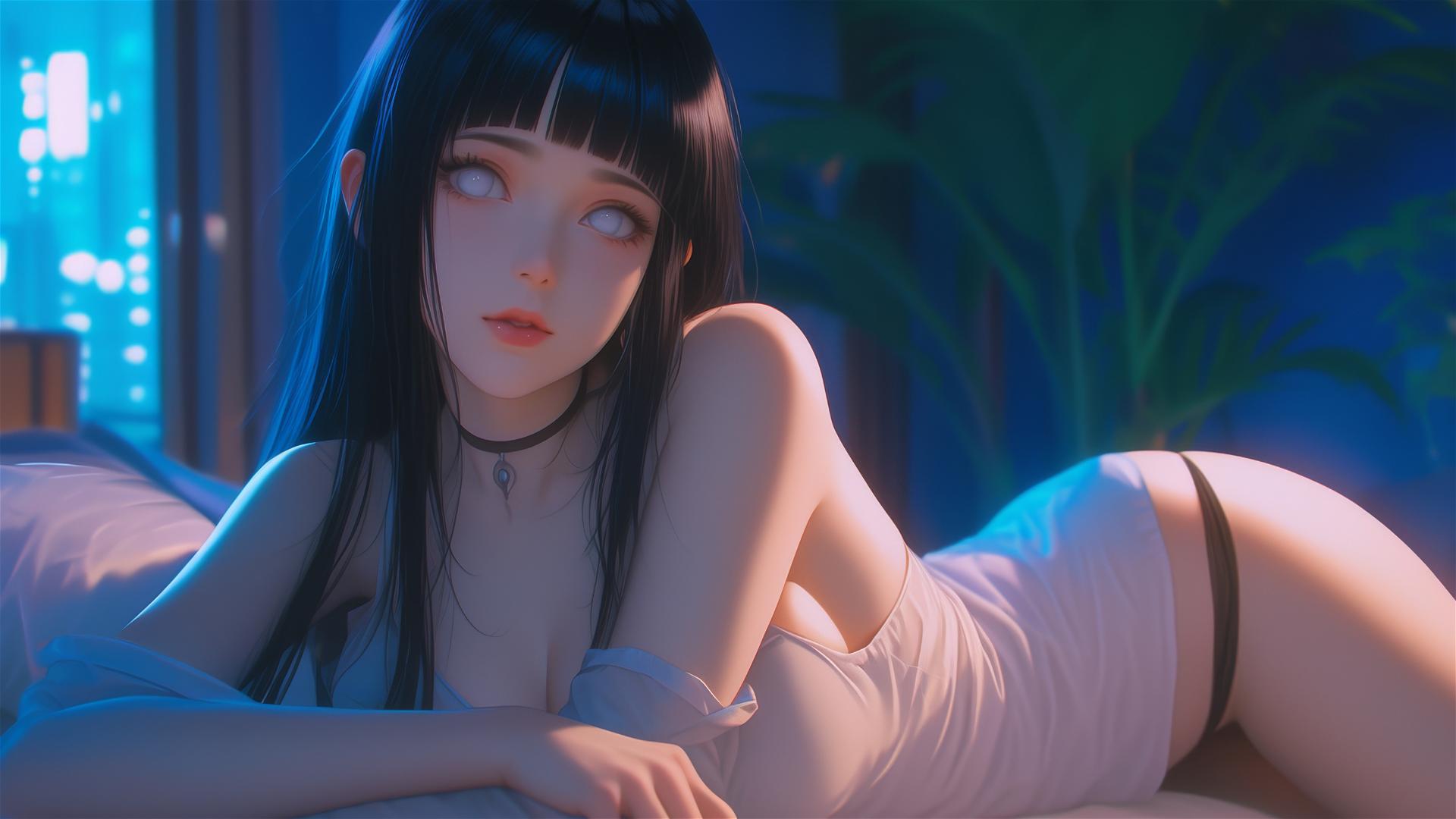 Hinata Hyuga resting at a modern hotel with warm light and white eyes