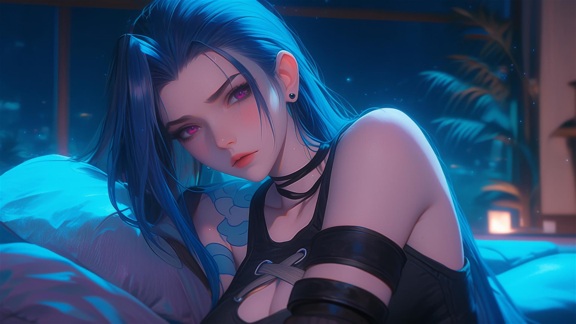Jinx from League of Legends resting in moonlit apartment
