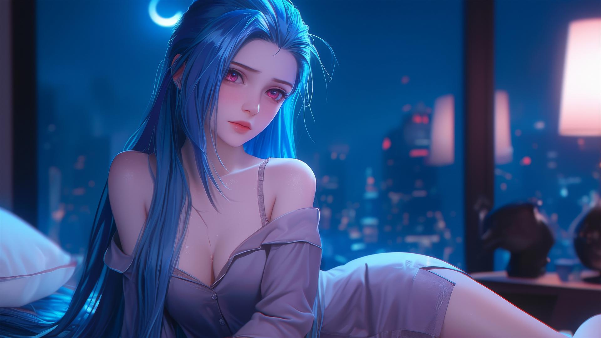 Jinx from League of Legends resting in apartment under moonlight.