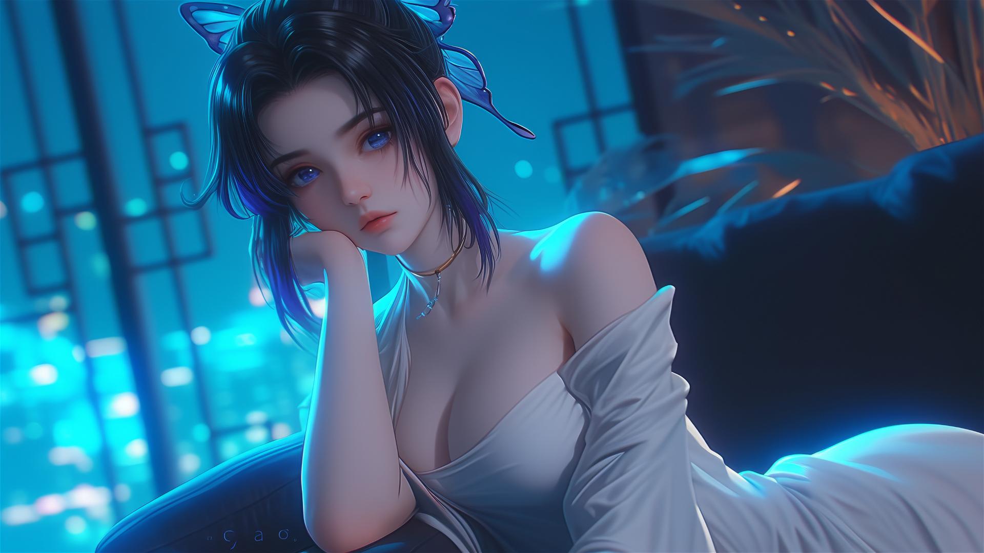 Shinobu Kocho from Demon Slayer in a modern hotel room with neon lights and moonlight.