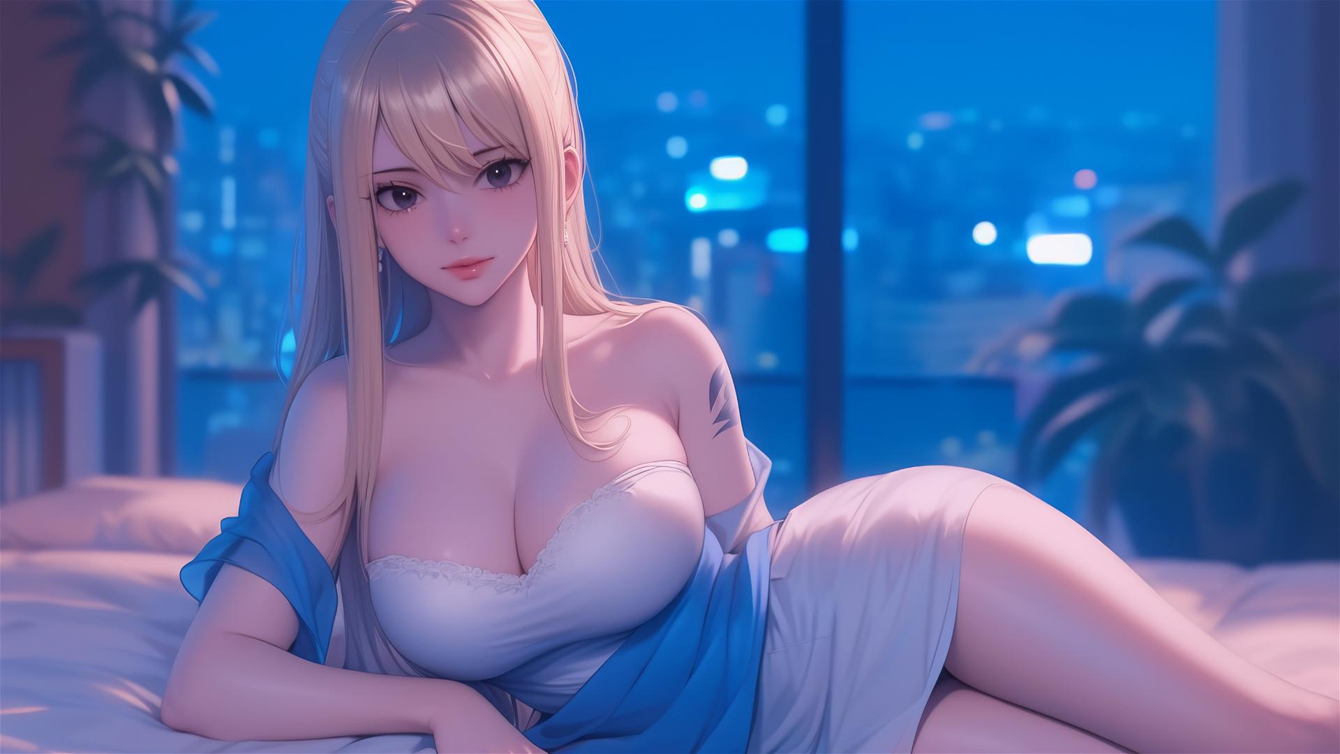 Lucy Heartfilia resting in modern apartment with moonlight glow