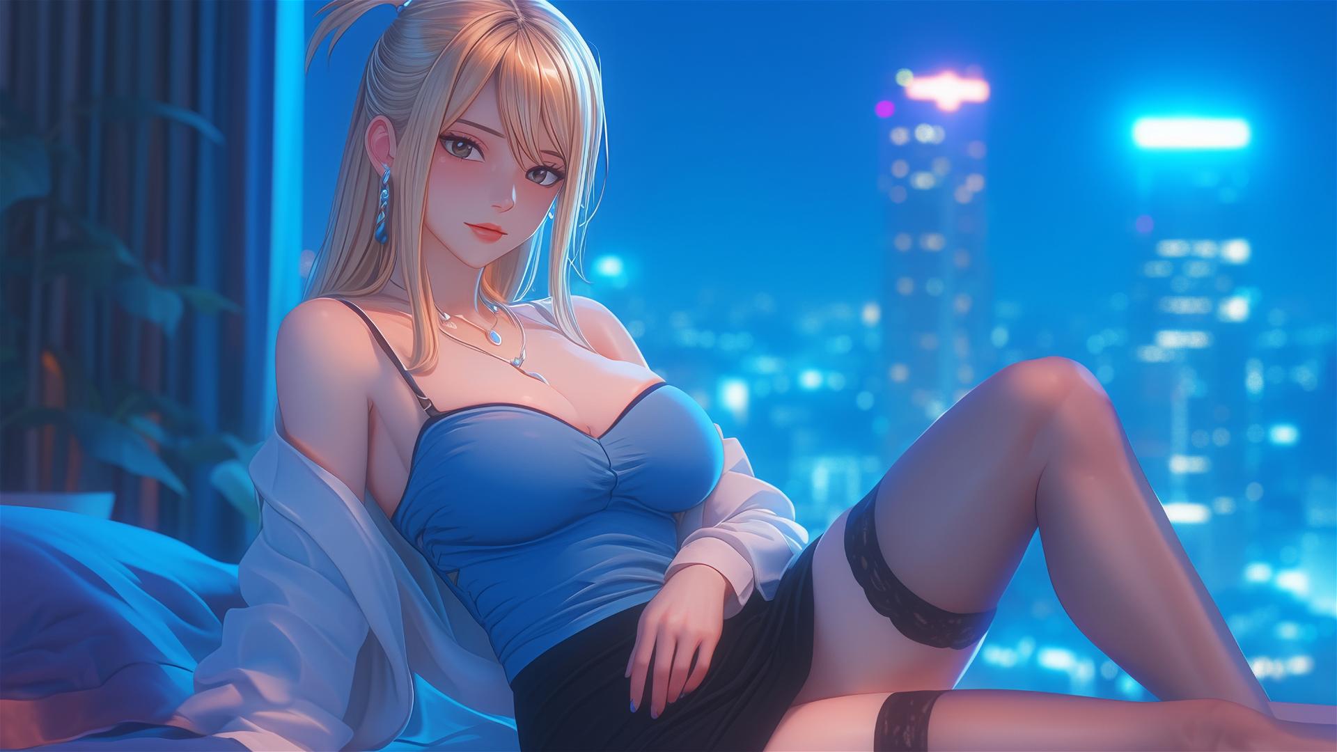 Lucy Heartfilia resting in a moonlit modern apartment