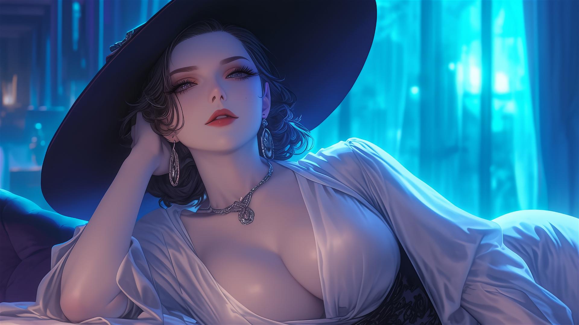 Lady Dimitrescu resting on a modern hotel bed under moonlight