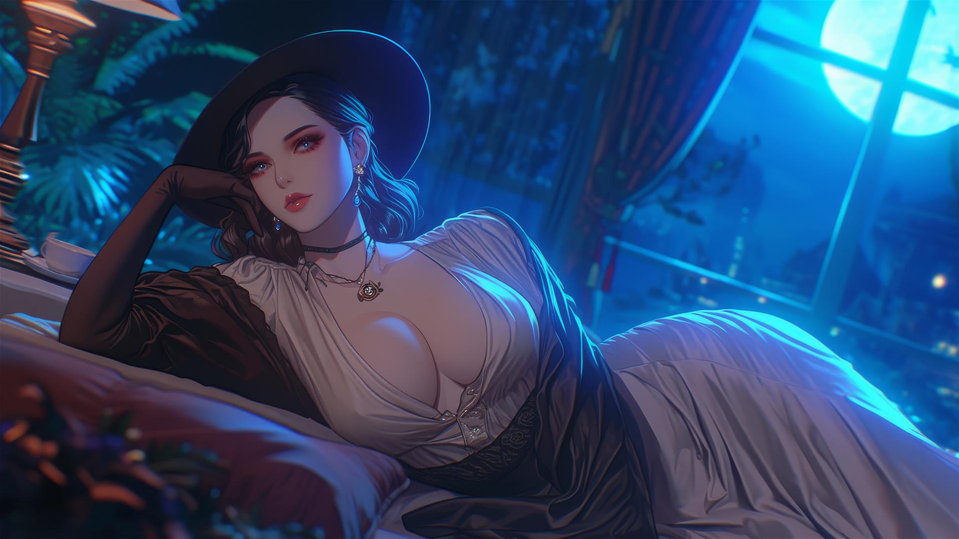 Lady Dimitrescu from Resident Evil resting on a modern hotel bed in moonlight