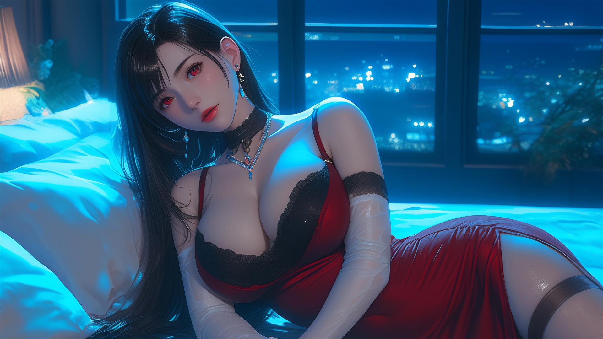 Tifa Lockhart in bold dress resting in room with soft moonlight glow