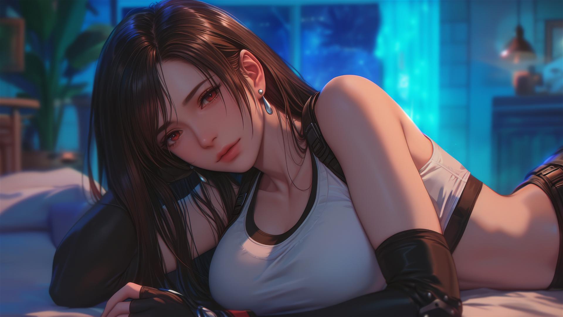 Tifa Lockhart resting in her room, moonlight casting a soft glow