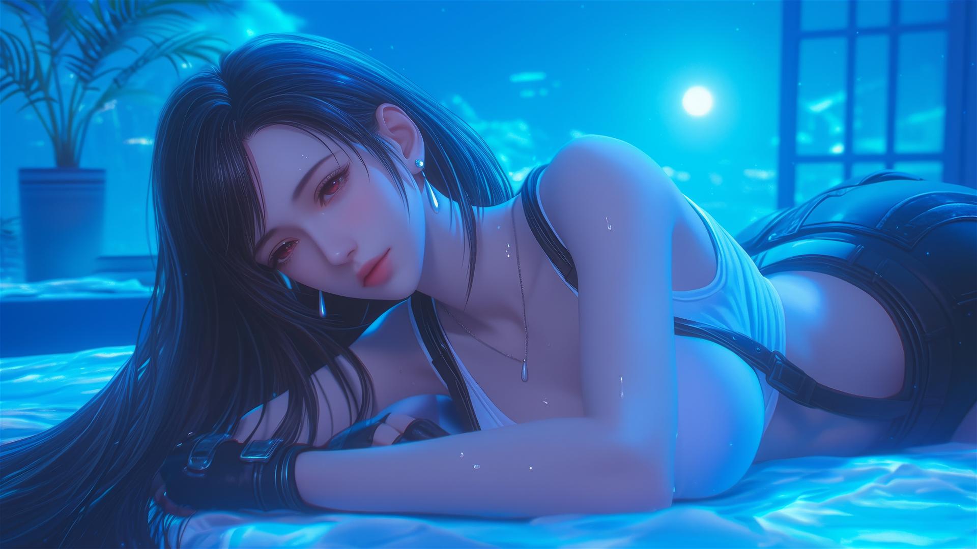 Tifa Lockhart resting in her room with moonlight casting a soft glow.