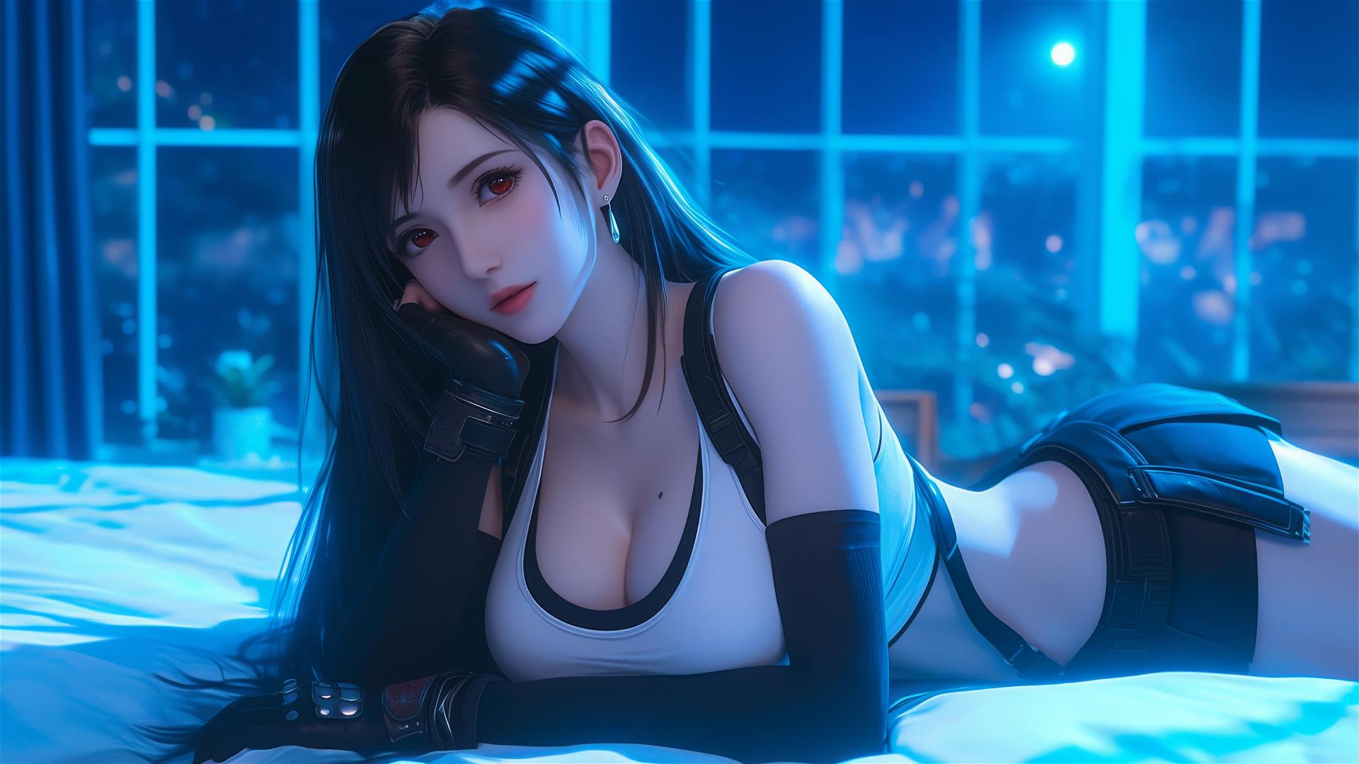 Tifa Lockhart resting in her room with moonlight glow