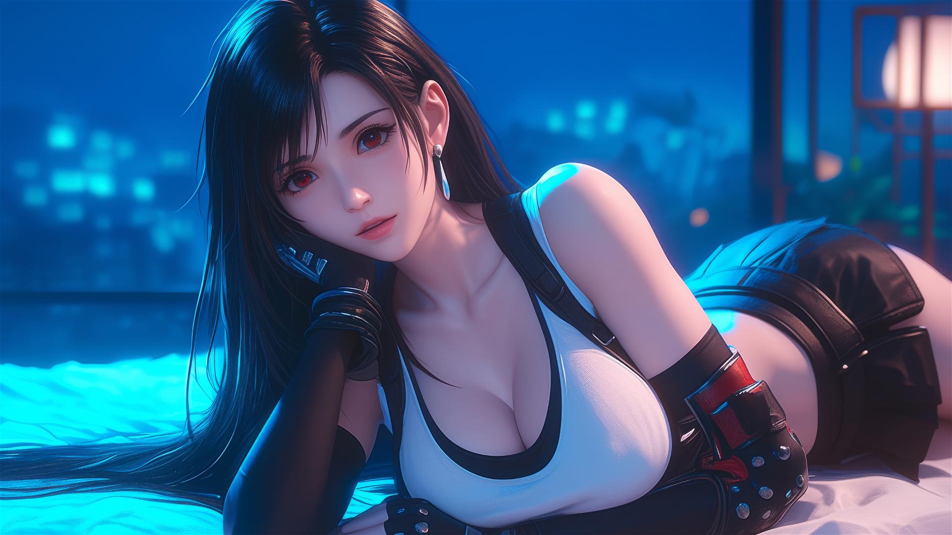 Tifa Lockhart resting in her room with soft moonlight glow.