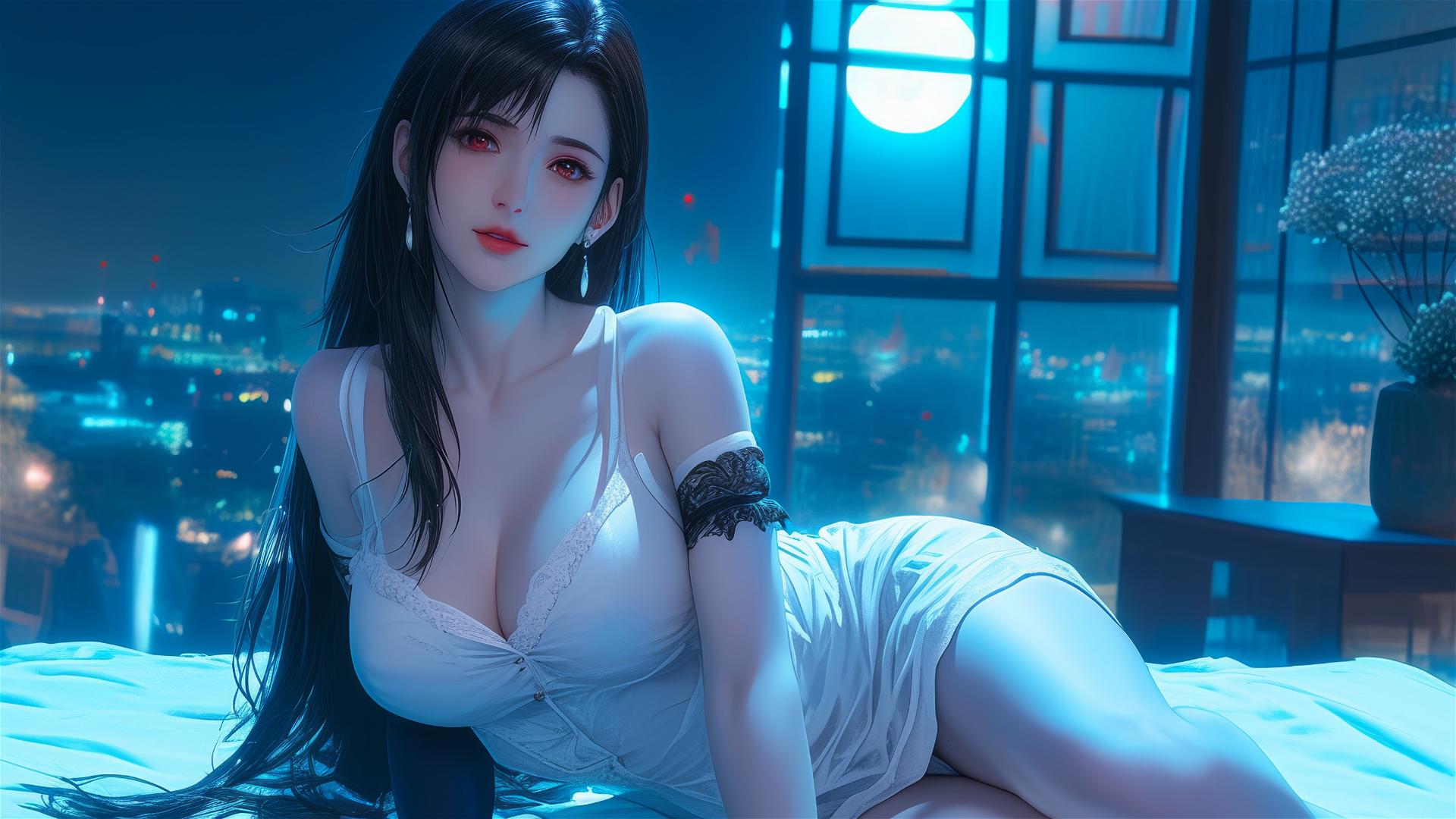 Tifa Lockhart in white pajamas resting in her room under moonlight