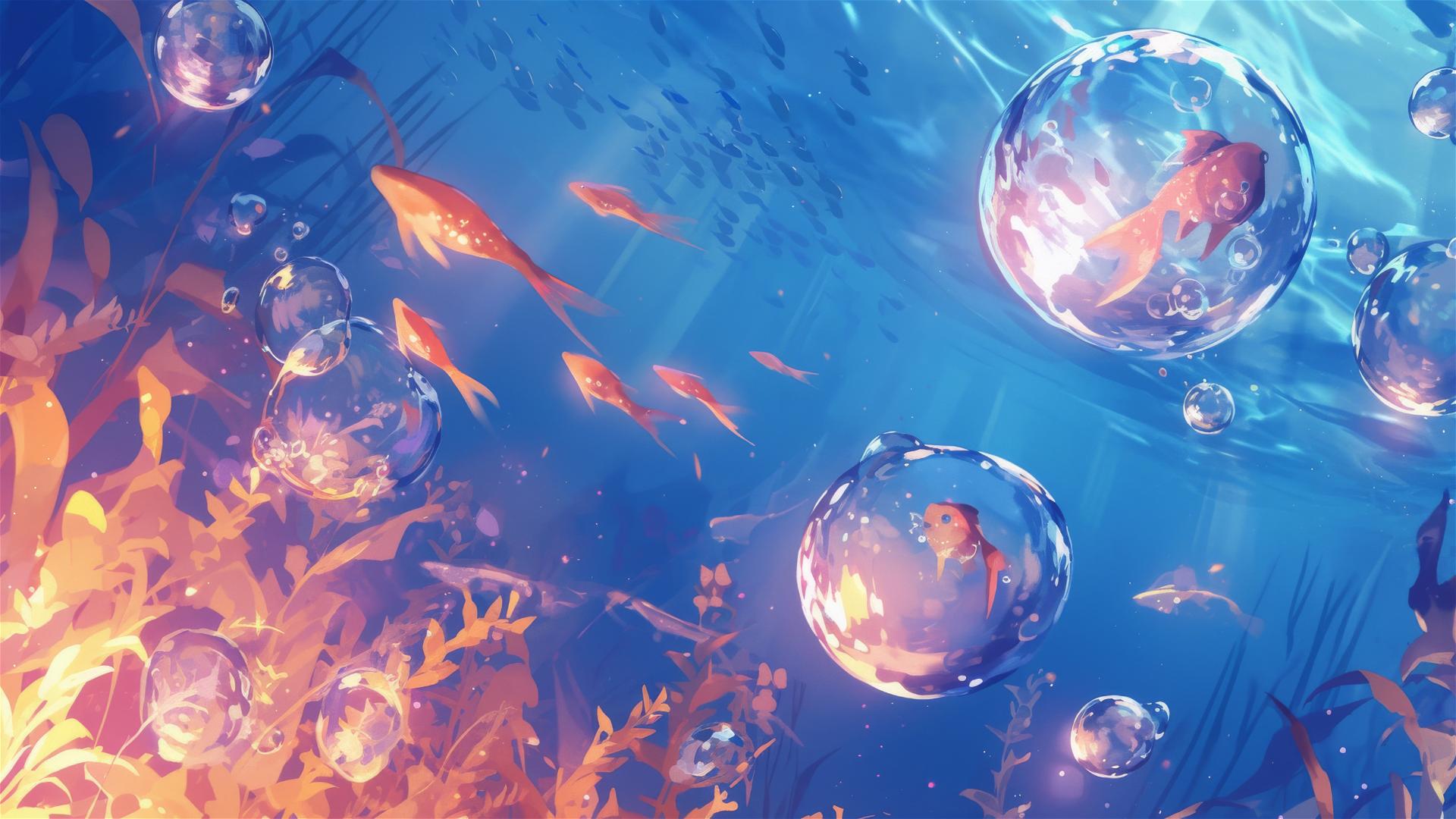 Dreamy underwater scene with floating bubbles and shimmering fish