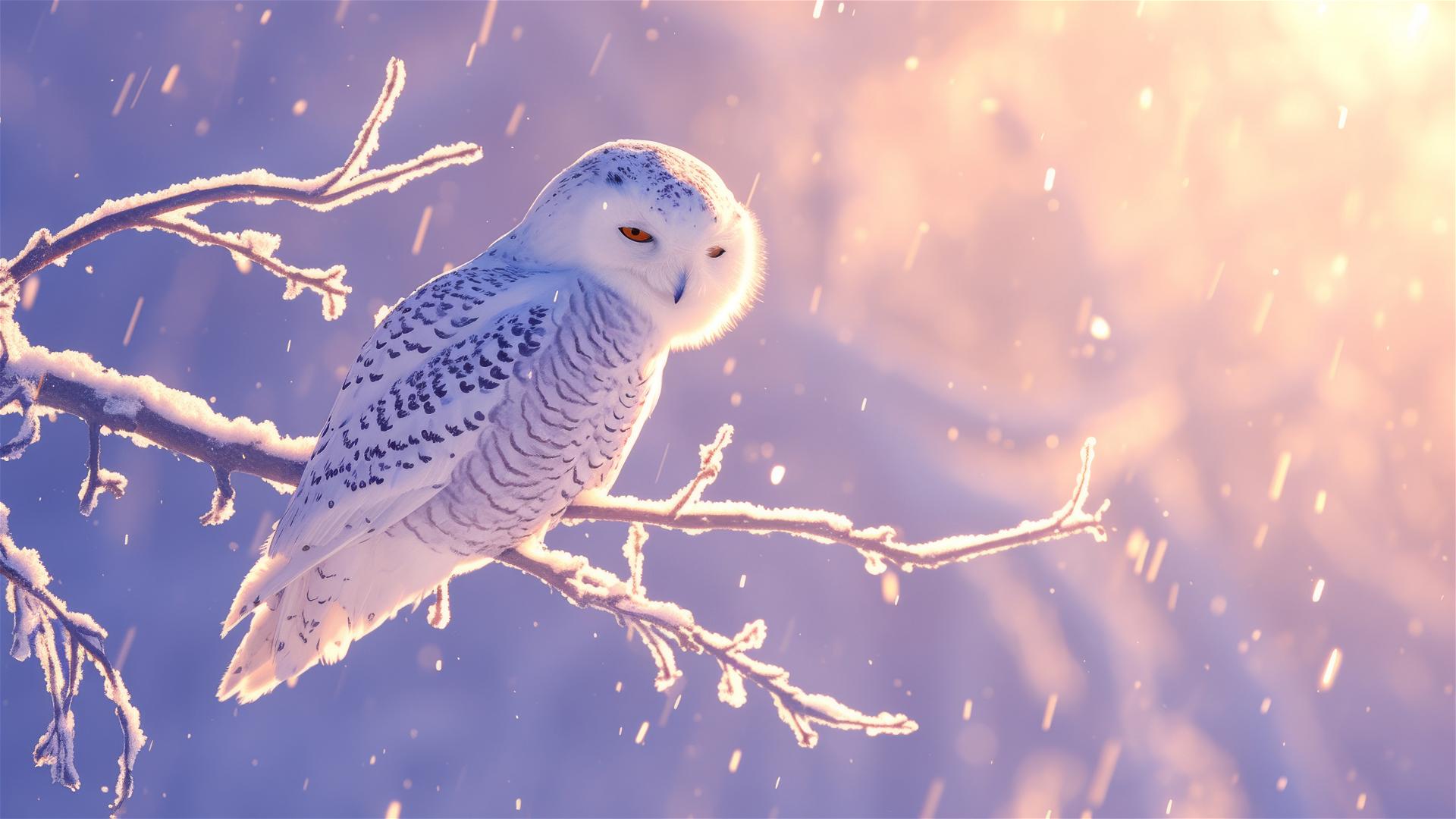 Snowy owl on frosty branch during snowfall