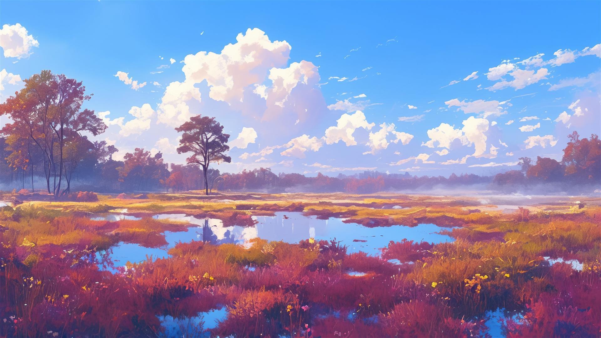Crisp fall morning with fog over a vibrant cranberry bog