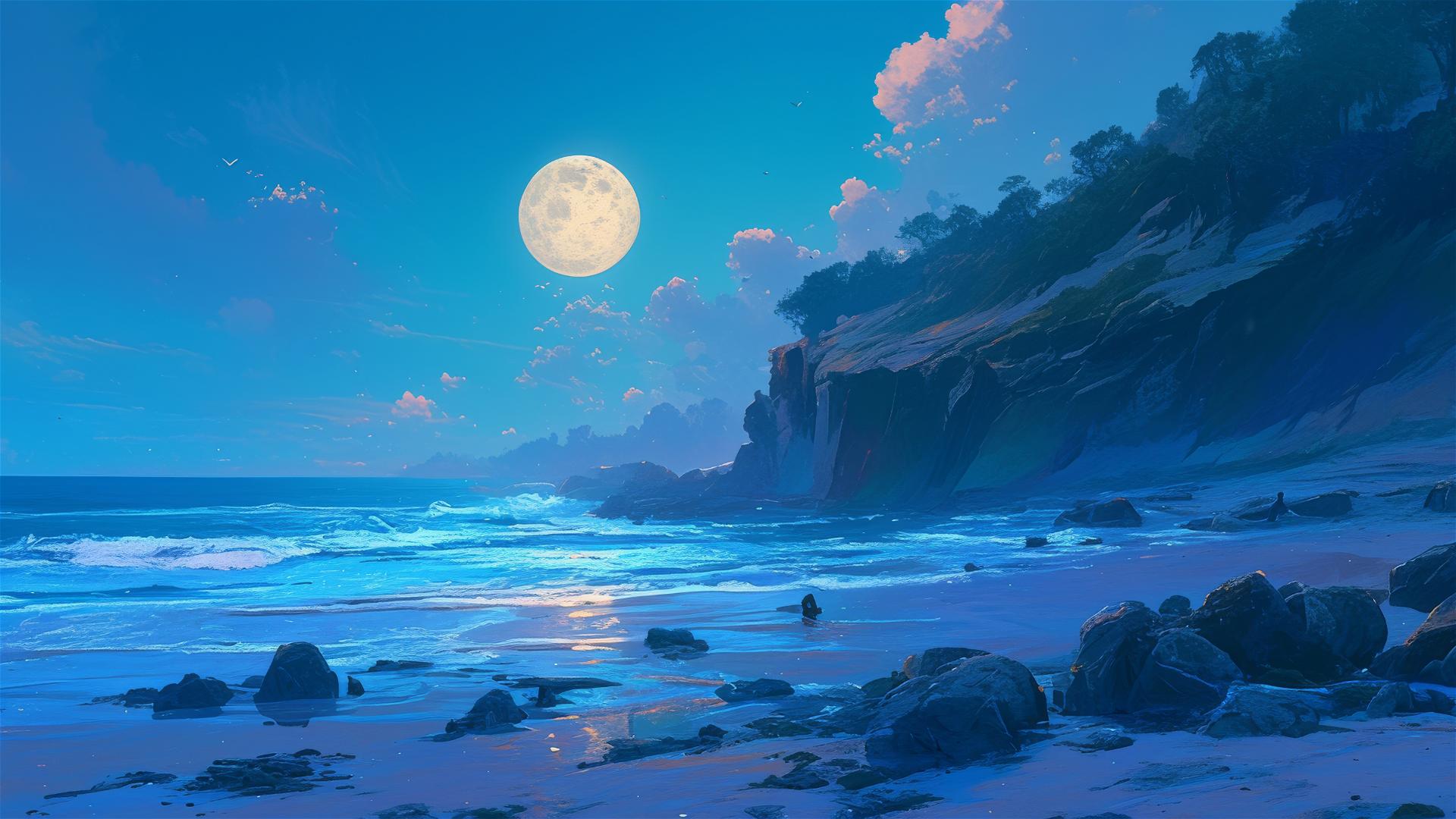 Full moon over a tranquil beach with gentle waves on the shore
