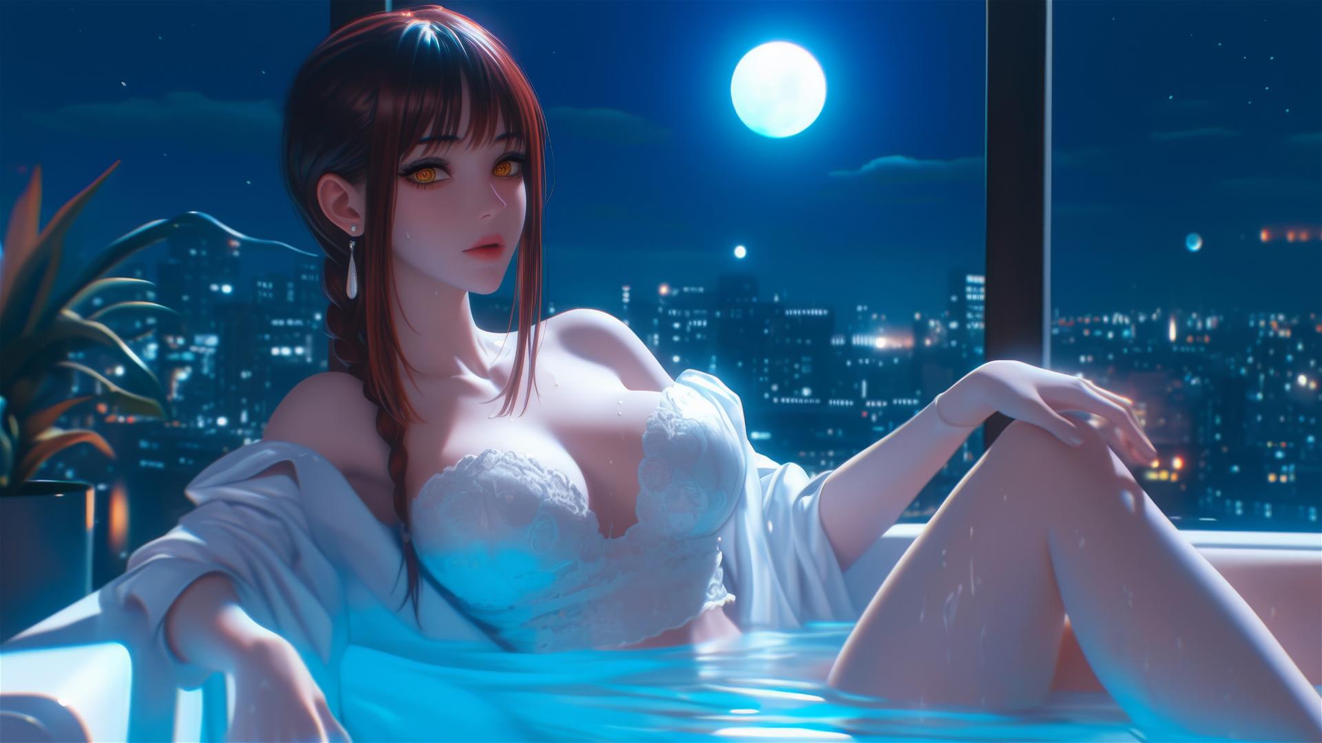 Makima from Chainsaw Man resting in a tub under moonlight