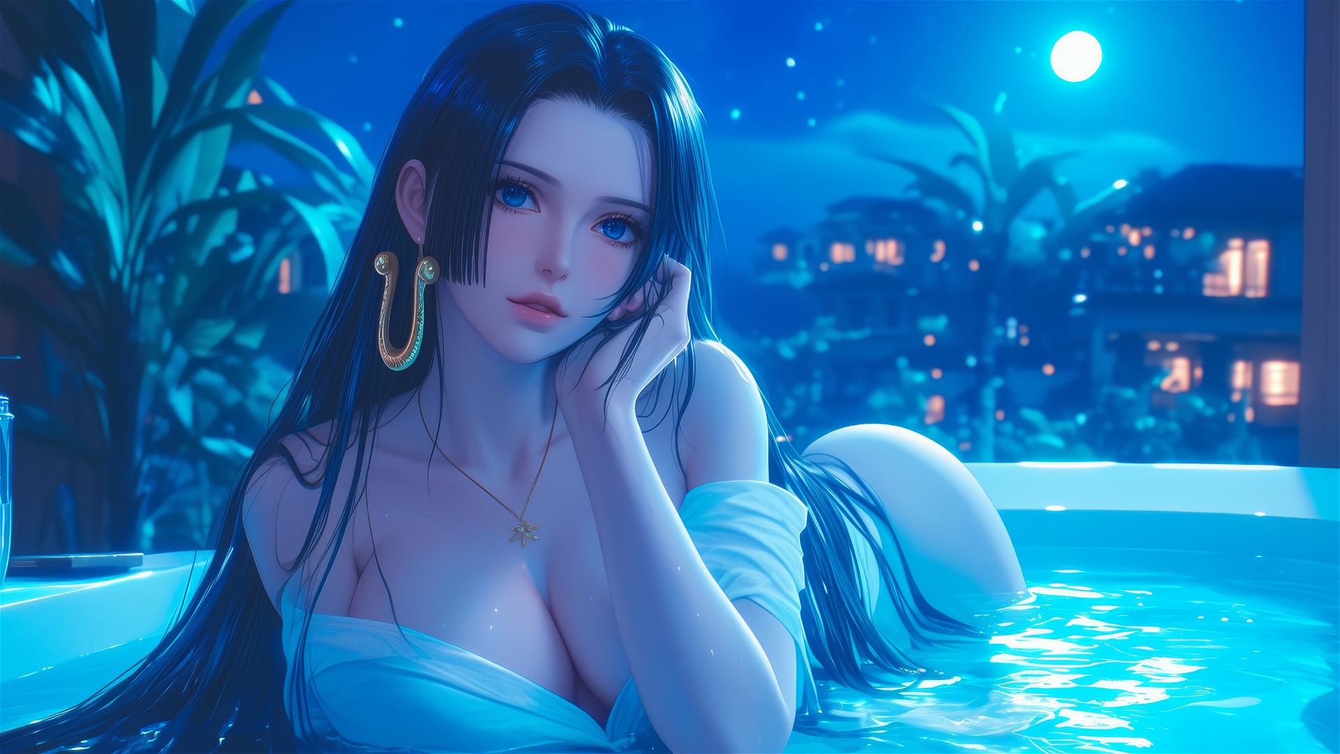 Boa Hancock resting in a tub with moonlight casting a glow on her figure
